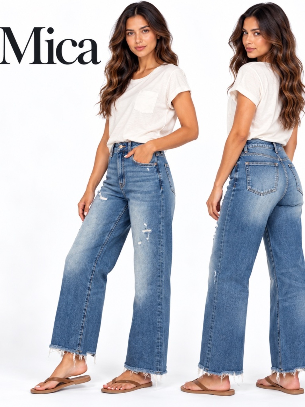 Mica Denim distressed wide-leg jeans in a medium wash